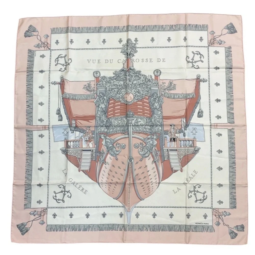 HERMES Vintage Carre 90 Silk Pink “Vue du Carrosse de la Galere la Reale Scarf - Picture 2 of 13